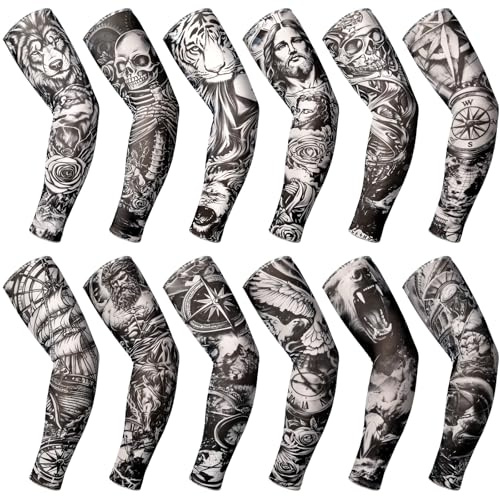Boao 12 Pcs Temporary Tattoo Sleeve for Men Cooling Arm Sleeves Long Fingerless Arm Cover Anti Slip UV Protection Sun(Novelty Style,One Size)
