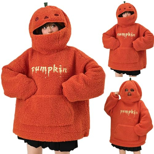 HUIFUAO Halloween-Sweatshirt für Damen, lustiger Kürbis-Kapuzenpullover, Neuheit, Halloween-Kostüme, Winter, flauschig, Fleece, Sherpa-Pullover, Teenager, Mädchen, langärmel Oberteil, Orange, XL