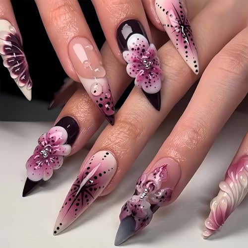 Lange Mandelförmige Press-On Nägel – Violette Falsche Nägel mit Französischem Design und 3D Blumenmustern, Glitzernde Sommer- und Herbstnägel, Niedliche Stick-On Nägel für Frauen, 24PCS Set