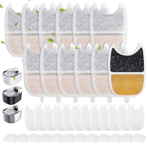 Katzenbrunnen Filter für 4L Trinkbrunnen, 12 Stück Filter Katzenbrunnen & 24 Schwämme Ersatzfilter mit Harz und Aktivkohle, Trinkbrunnen Filter kompatibel für Feelneedy katzenbrunnen (für YPD-C004)