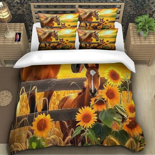 Sunflowers and Horses Double Duvet Cover Sets Farm Landscape Bedding Set 3D Print Quilt Cover 200x200 cm Soft Microfiber Lightweight with Zipper Closure and 2 Pillowcases d-2320