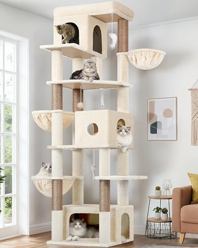 Globlazer F80F Kratzbaum Beige Große XXL 204 cm Stabil für 3-5 Groß Katze | Luxus Katzenbaum mit 3 Katzenhaus, 2 Große Plattformen,3 Weich Katzenkorb für 3-5 Erwachsene Katze Ausruhen Spielen Kratzen