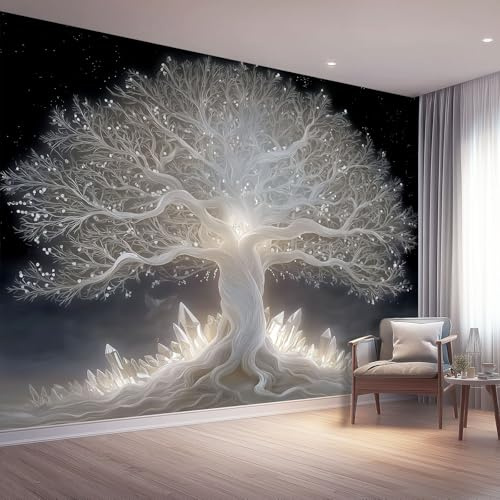 Fototapete Fantasie Vlies Tapeten 300 x 210 cm, Wandtapete Wohnzimmer Schlafzimmer Küche Dekoration Concealer, Weißer uralter Baum Kristall