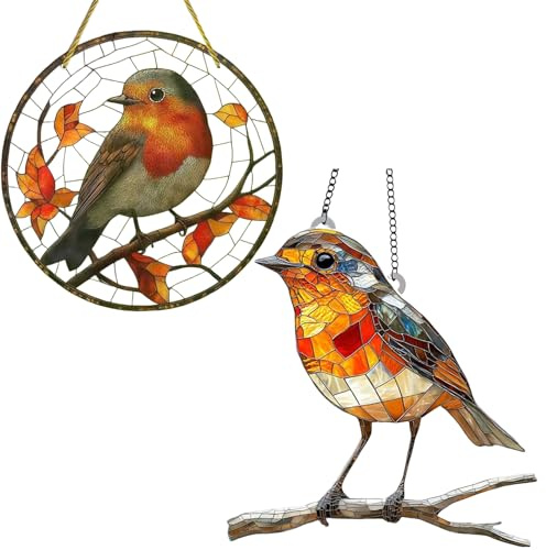 2-Pack Sun Catchers for Windows: Heart with Robin & Flowers and Round Sun Landscape, 20x20cm Acrylic Hanging Ornaments, Vibrant Garden & Home Decor (Ball)