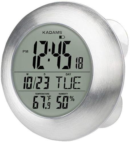 KADAMS Bathroom Shower Digital Wall Clock Large LCD Screen - Kitchen Clock - Water Resistant Timer - Seconds Counter - Temperature & Humidity Display - Multiple Mounting Options, Silver