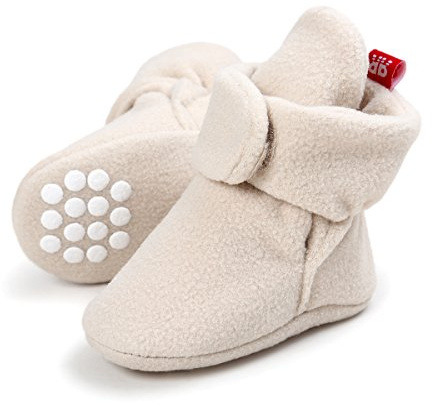 TMEOG Unisex-Baby Neugeborenes Fleece Booties Bio Baumwoll-Futter und rutschfeste Greifer Winterschuhe (C_Beige, 0_Months)
