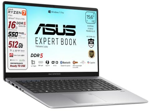 ASUS Notebok Amd Ryzen 7 170 fino a 4,75Ghz, Ram DDR5 16 Gb, Win 11 Pro | Display 15.6 IPS FHD, SSD 512 Gb,WIFI 6, Webcam, 4 Usb, 2 type C, Display port, HDMI, BT5.4, Fingerprint, Ready to Use