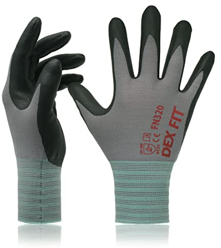 DEX FIT Nitrile Work Gloves FN320, 3D Comfort Stretch Fit, Power Grip, Durable Foam Coated, Thin & Lightweight Premium Nylon, Machine Washable, Grey 7 (S) 3 Pairs