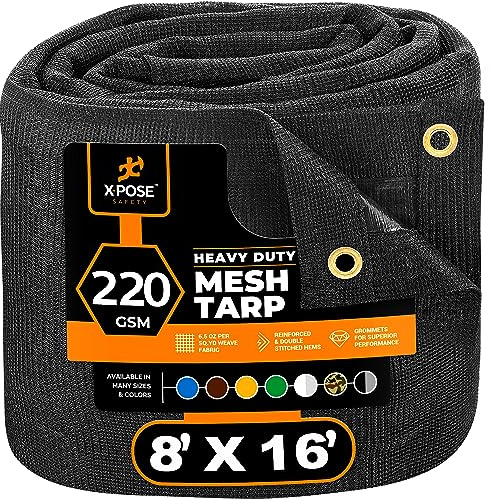 Xpose Safety Heavy Duty Mesh Tarp – 8’ x 16’ Multipurpose Black Protective Cover with Air Flow - Use for Tie Downs, Shade, Fences, Canopies, Dump Trucks – Weather and Tear Resistant