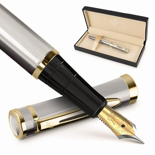 Wordsworth & Black Juego de Plumas Estilográficas, Plumín Medio Chapado en Oro de 18K, Incluye Paquete de 24 Cartuchos de Tinta, Convertidor de Recarga de Tinta, Caja de Regalo, Caligrafía [Oro Plata]