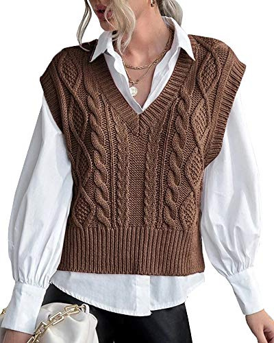 Brown Sweater Vest for Women V Neck Sleeveless Knit Solid Casual Ribbed Preppy Pullover Tops Coffee L