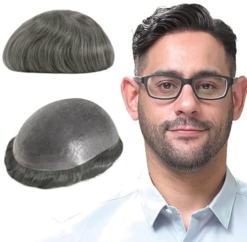 Lordhair Perücke für Herren, Toupet Herren aus natürlichem Echthaar, 0,08 mm vorn, 1/2 Zoll, V-looped Größe auf Hautbasis, superdünn, Perücke für Herren, Ersatz Haarsystem, 20 x 25 cm