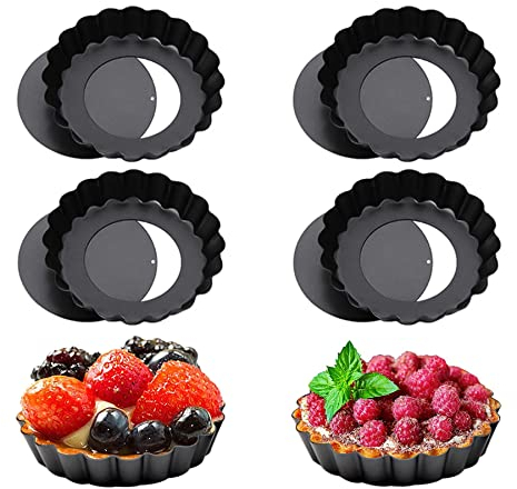 DONGQI 6 stampi per tortine, 10 cm, antiaderenti per Quiche, rotondo, torta di fondo rimovibile, stampo per torta scanalato, fondo rimovibile, stampo per quiche per pasticceria casa