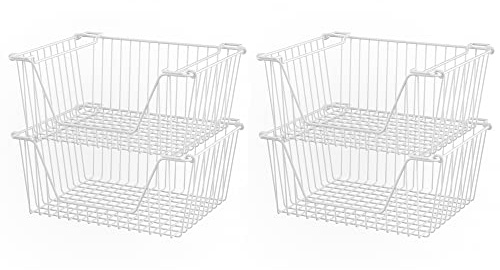 SANNO Stackable Wire Baskets for Organizing Pantry Storage and Organization Metal Bins Fruit Vegetable Organization Pantry Cabinet Metal Bin for Kitchen Counter Bathroom Shelves Storage,White,4