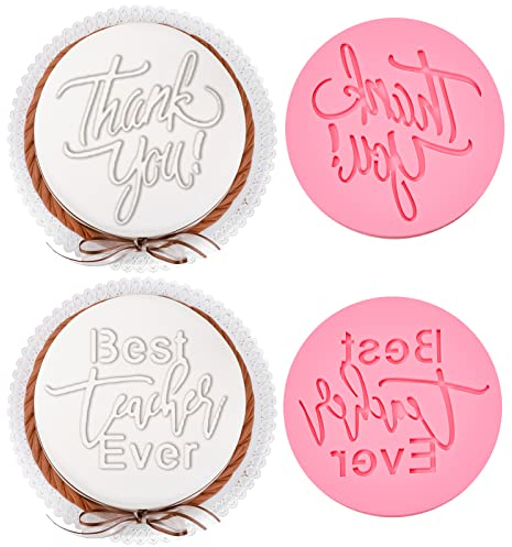 2 Pieces Best Teacher Ever Cookie Stamp Thank You Fondant Stamp Teacher Fondant Embosser Pink Acrylic Icing Stamps Teacher Cookie Cutters Back to School Cupcake Embosser Stamps for Baking Decorations
