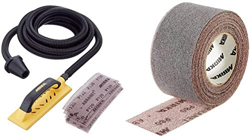 Mirka Handy Handschleifer Starter-Kit, mit Bügelgriff und Klett, 5 x Mirka Abranet® Netz-Schleifstreifen und Absaugschlauch, Schleifblock & 545BI001123R Abranet Grip Rolle, 75 mm x 10 m, Korn 120