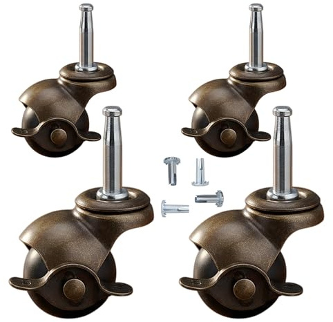 2 Stem Caster Swivel Caster with Brake and Sockets, Brass Vintage Ball Caster 5/16 x 1-1/2 (8 x 38mm) for Furniture, Sofa Table Leg, Chair, Cabinet, Pack of 4(with Brake)