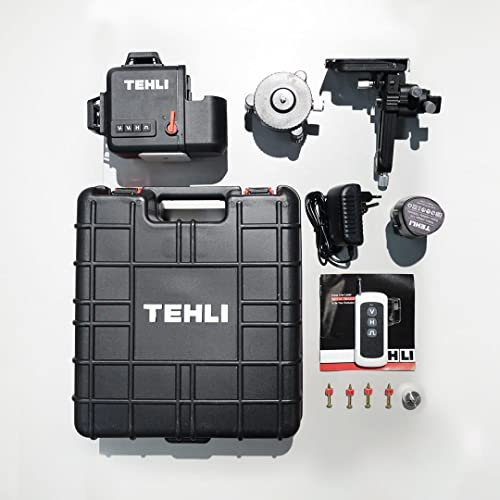 TEH 3X 3D 360 High Precision Green Light Cross Line Cross Line Self Leveling Laser Rechargeable, 360 Vertical/Horizontal Lines, with Hand Carry Case and Tripod kit TM1212 1x 12v Battery & Remote