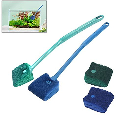 Sixfolo 4 Stück Aquarium Schwamm ReinigungsbüRste,Doppelseitig Scheibenreiniger Bürste mit Langer Griff,Wiederverwendbar Schwamm Reiniger mit Reinigungstuch für Aquarium Reinigungswerkzeuge