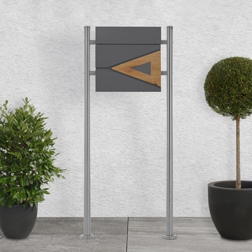 ECD Germany Standbriefkasten mit Zeitungsfach, Design Briefkasten mit Pfosten, Briefkastenanlage Briefkastenständer Ständer 2 Füße Silber metallic 120cm Edelstahl, Postkasten Anthrazit-Holzoptik Stahl