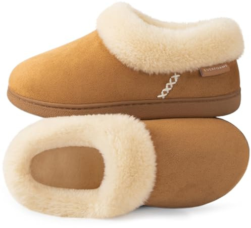 EverFoams Women's Warm Slippers Fluffy Memory Foam Indoor Outdoor Closed-back House Shoes Tan, 3-4 Uk