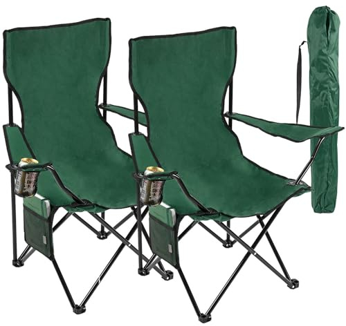 Livhome Set of 2 Camping Outdoor Folding Chairs in Green - Lightweight Portable Chair with 600D Polyester & Rip Stop | Heavy Duty Steel Frame with Cup Holder and Side Pocket