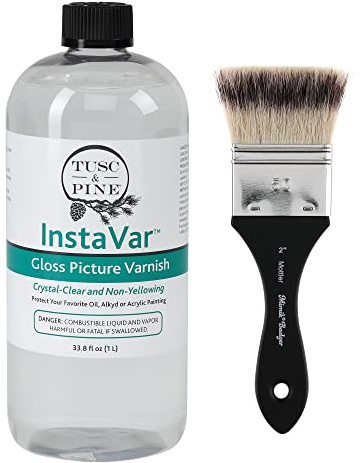 Tusc & Pine InstaVar Varnish & Mottler #2 Brush - Archival Quality Varnish for Oil, Alkyd, and Acrylic Artists - 33.8oz Bottle