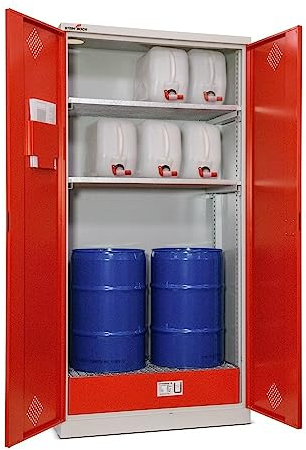 Steinbock Ölschrank aus Stahlblech | HxBxT 195 x 95 x 50 cm | 3 höhenverstellbare Gitterrostböden | 60 kg Boden Tragkraft | 1 Auffangwanne | abschließbar | Gefahrstoffschrank | Umweltschrank