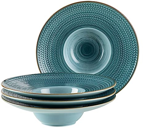 MÄSER Prosepero Lot de 4 assiettes à pâtes peintes à la main de qualité gastronomique, idéales également comme assiettes creuses, style vintage moderne, bleu
