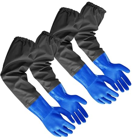 WUYANGXD 2Pair PVC Chemical Resistant Long Rubber Gloves Elbow Length,Heavy Duty Waterproof Gloves For Dishwashing Cleaning Chemical Pool Pond Acid Work, 25 Inches, Large-(Blue)