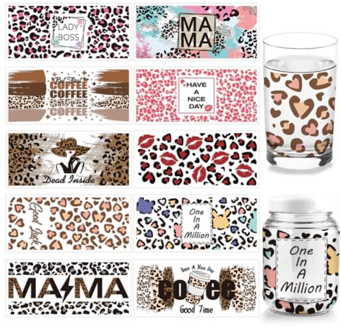 arricraft 10 Stück 10 Stile UV DTF Cup Wrap Transfer Aufkleber, PVC-Glasbecher-Transferpapier Leopardenmuster Rub-On-Transfers, Vintage-Wrap-Aufkleber, Wasserfeste Rub-Abziehbilder