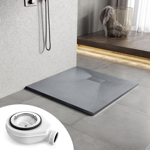 Heilmetz SMC Duschwanne 80 x 80 cm Grau, flach 2,6 cm inkl. Ablaufgarnitur | Pflegeleichte SMC Duschwanne mit rutschhemmender Steinoptik, 2,6 cm Höhe und 90 mm Ablauföffnung für flexible Montage