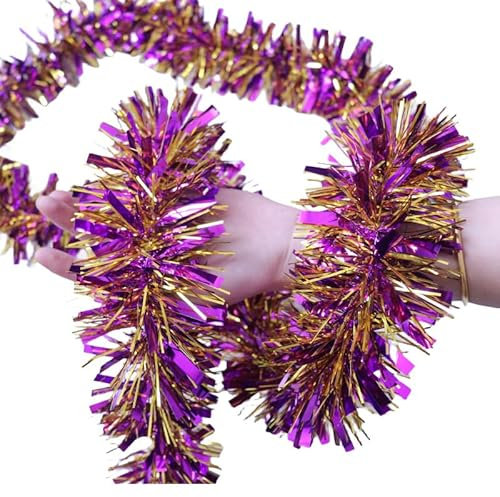 Lametta Girlande Weihnachtsgirlande, 10 Stück 2m * 9cm Weihnachtsbaum Lametta Dekoration Girlande Metallisch Lametta Girlande Hängende Dekoration für Weihnachtsbaum Kranz Hochzeit Party -gold Lila