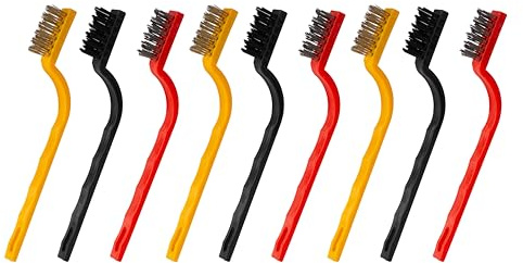 Small Wire Brush 3 Set of 3 Pcs - Wire Brushes for Cleaning Rust, Dirt, Paint - Wire Brushes of Stainless Steel/Nylon/Brass Bristles - Metal Brush for Cleaning Small Parts & Spaces with Curved Handle