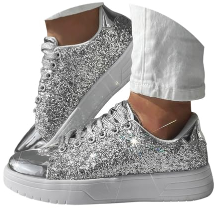 Minetom Sneaker Damen Pailletten Sneaker Glitzer Schuhe Flache Low Outdoor Laufschuhe Schnürsenkel Walkingschuhe Sportschuhe A Silber 38 EU