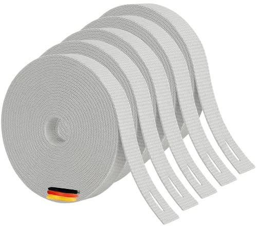 Rollwin 5er Set Rolladengurt 23mm Grau 7 Meter - zuverlässiger Halt und scheuerfest - Maxi Rollladengurt 23 mm Material robust & reißfest und vergilbungsbeständig - für schwerere Rollläden