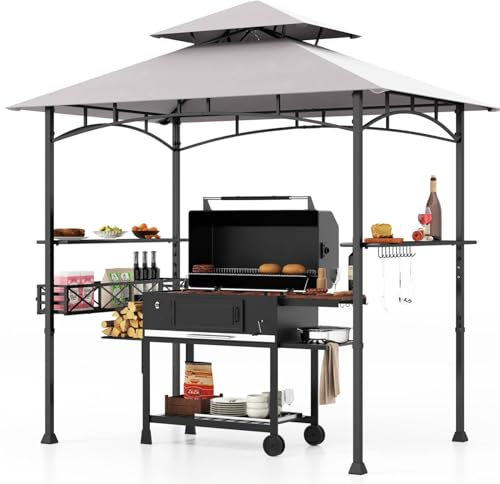TANGZON BBQ Grill Gazebo, Outdoor Barbecue Canopy with 2-Tiered Top, 2 Side Shelves, Hanging Hooks, Bottle Opener, Garden Deck Lawn Grilling Shelter (with Storage Basket,Grey+Black)