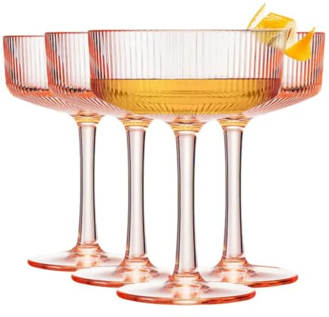 Khen Pink Peach Acrylic Ribbed Coupe Martini Champagne Cocktail Glasses, Set of 4, 8 oz Shatterproof Ripple Stemware European Style Reusable Drinkware Goblets, Indoor Outdoor Parties Weddings Bar Gift