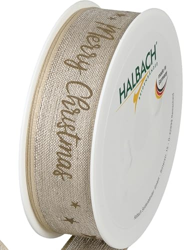 Halbach Weihnachts-Geschenkband aus Leinen, 25 mm x 15 m, natur/leinen | Schleifenband Druckband mit formbare Drahtkanten, Made in Germany, für Geschenke und den Christbaum