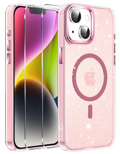 Viojrlra Cover Glitter Magnetica per iPhone 14 con 2 Pezzi Proteggi Schermo in Vetro Temperato Compatible con MagSafe, Custodia PC Glitter Morbida in TPU, Antiurto Cover per iPhone 14, Rosa