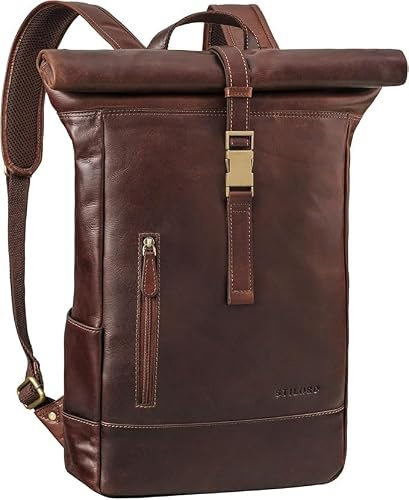 STILORD Harriet Vintage Rolltop Rucksack Leder mit Laptop-Fach 15,6-17 Zoll Fahrradrucksack Kurierrucksack für Damen und Herren aus weichem Leder Farbe:Zamora - braun
