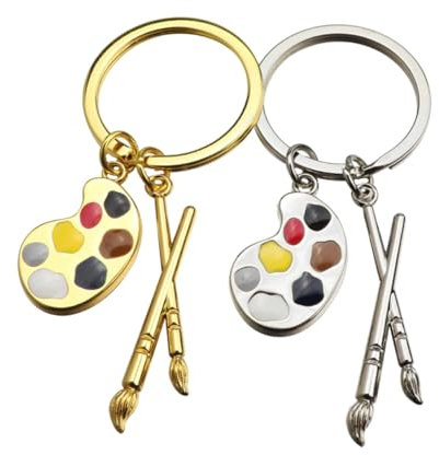 DEARMAMY Creative Drawing Pen Keychain Set 2pcs Gold Silver Artistic Palette Pendant Car Bag Hanging Decoration for Artists Students Art School