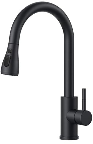 GENBONS Grifo de cocina, color negro mate, grifo de cocina de alta presión con ducha extraíble, grifo mezclador para fregadero, giratorio 360°, dos funciones de pulverización