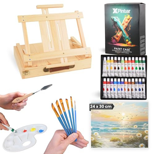 Kit Pintura Acrílica 34 Piezas Caballete Maletín Madera Portátil 24 Tubos 12 ml Colores Vivos Lienzo 24x30 cm 6 Pinceles Espátula Paleta Set Completo Adultos Niños Principiantes Arte Regalo Creativo