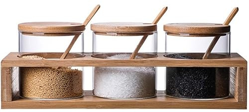 Set Zuccheriera Utensili da Cucina Set Di Barattoli Di Condimento In Vetro Trasparente Con Coperchio Set Di Contenitori Per Spezie Per Bottiglie Di Saliera Con Supporto In Legno Forniture per Spezie