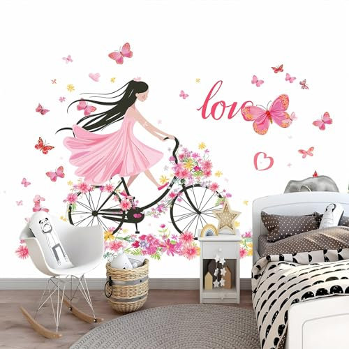 Papier peint photo non tissé - Belle fille et papillon - 300 x 210 cm - Motif Paris romantique - Papier peint photo pour bureau, jardin d'enfants, salon, maison - Poster mural