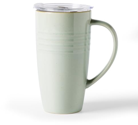 famiware Jupiter Large Coffee Mug, 20oz Coffee Mug with Lid, Ceramic Cup with Handle for Latte, Tea, Cocoa, Milk, Home & Office, Microwave and Dishwasher Safe, Light Green