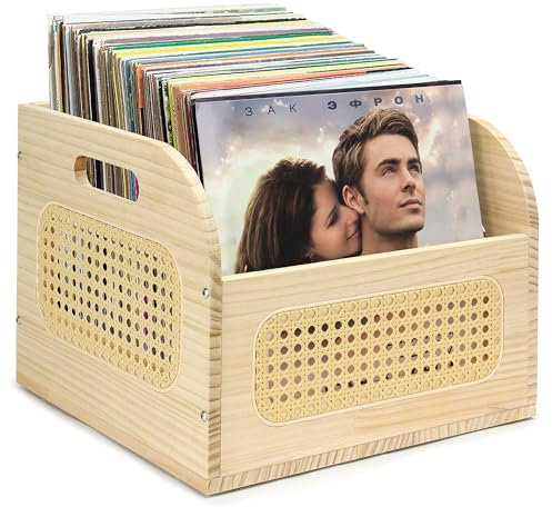 BXAIGR Rustic Vinyl Record Storage Crate,Wooden Vinyl Record Holder,Vinyl Record Album Organizer,Store up to 65 Records