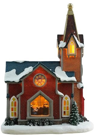 Spetebo LED Weihnachtsszene Kirche Batterie betrieben - 32 cm - Deko Winterstadt Szene Kirche warm weiß beleuchtet - Weihnachtsdorf Szene Tischdekoration Weihnachtsdeko
