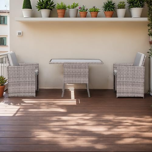 Rattan park 3tlg. Polyrattan Gartenmöbel Set, 2 Sessel und 1 Beistelltisch mit Glasplatte, Outdoor Möbel, Sitzgruppe für Garten, Wintergarten, Balkon Terrasse, inklusive Kissen (Grau)